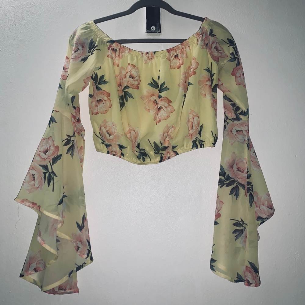Yellow and pink flower long sleeve crop top.